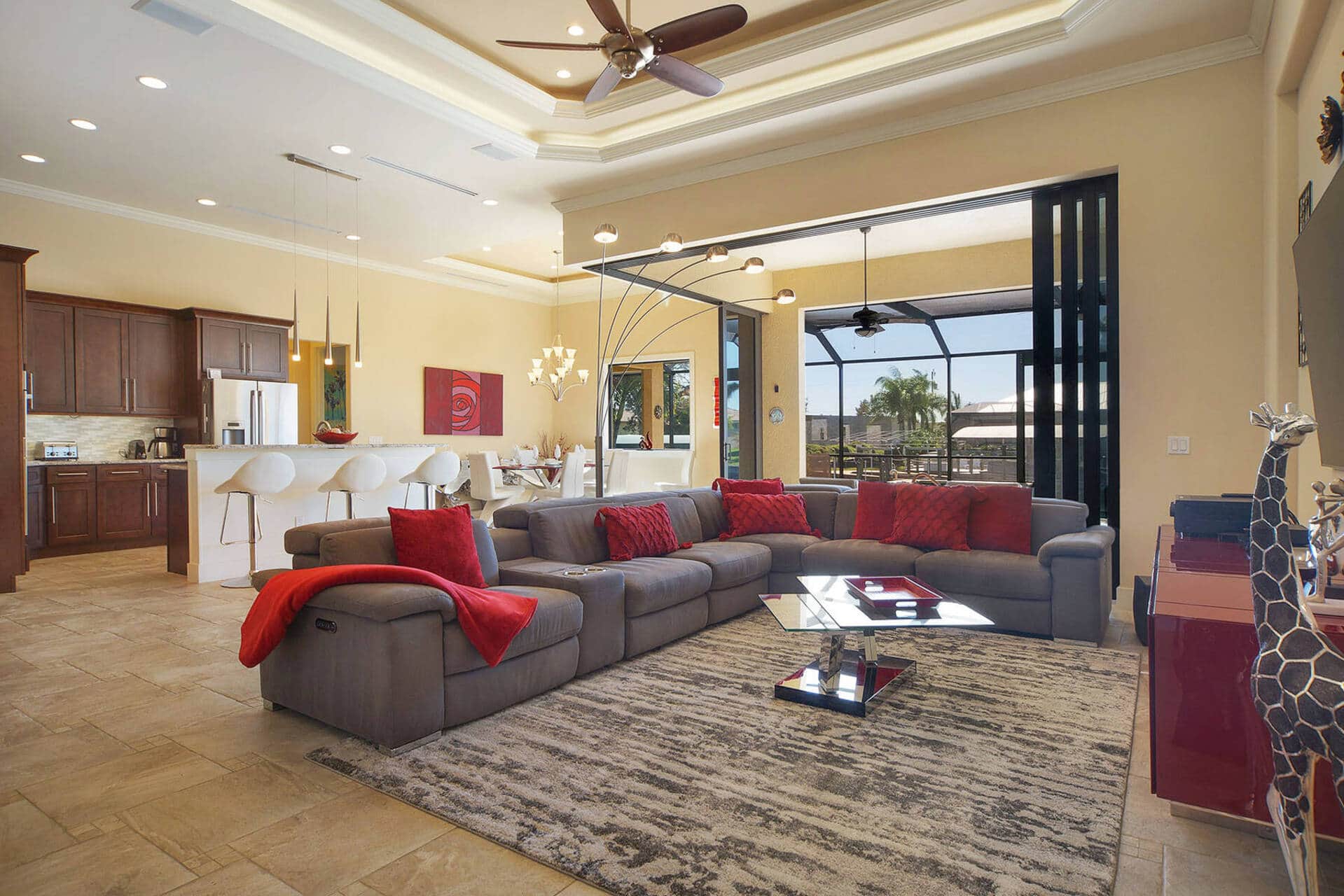 Spacious living room with high ceilings